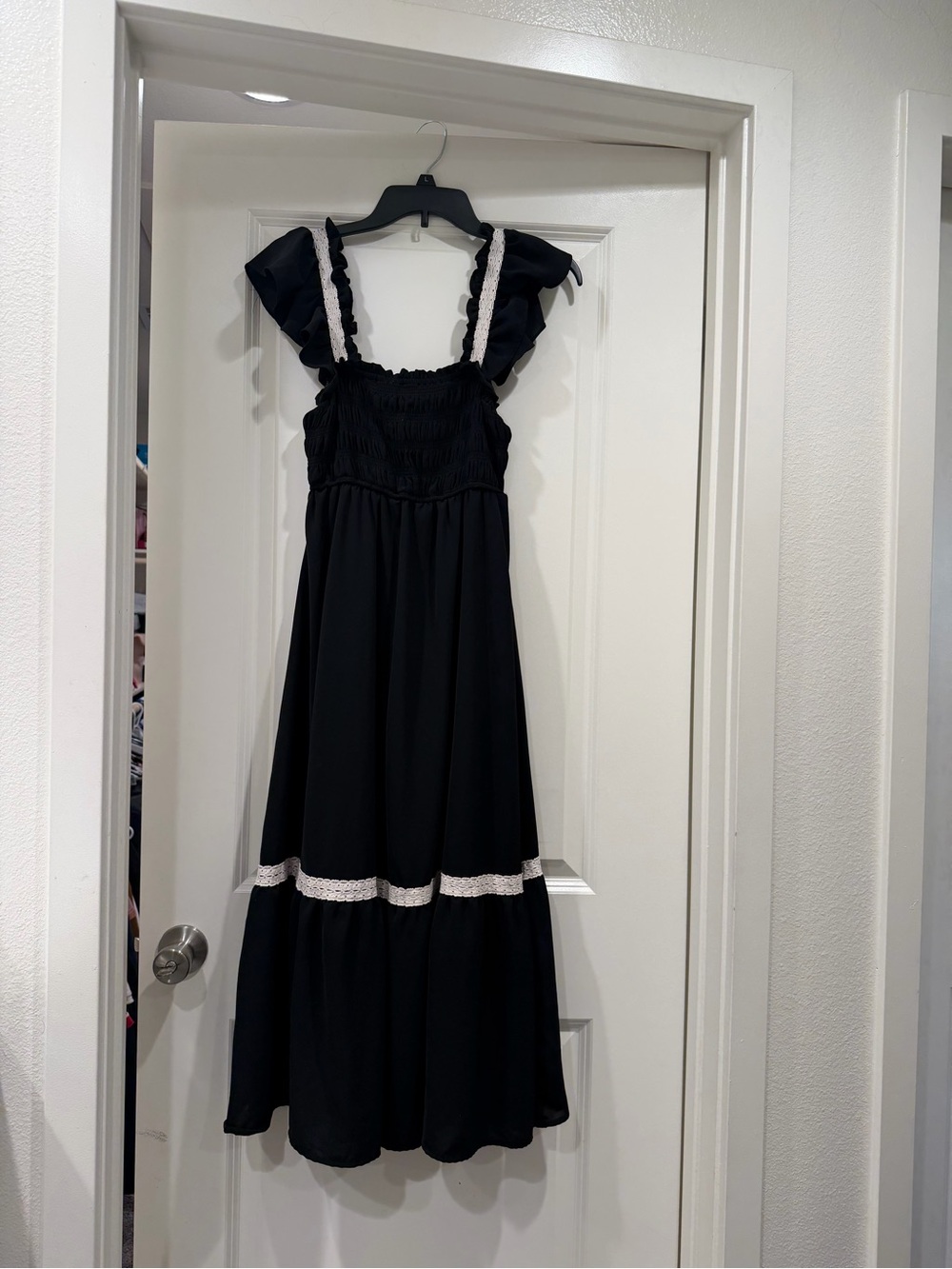 The River Black Maxi Dress Size Small Ruffle Sleeve Lace Trim Boho Style - Picture 6 of 7